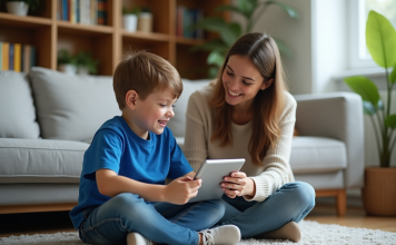 Garçon de 7 ans avec sa mère dans un salon chaleureux