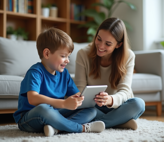 Limiter le temps d’écran d’un enfant : astuces et conseils efficaces Garçon de 7 ans avec sa mère dans un salon chaleureux