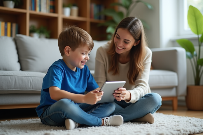 garcon-ordinateur-salon Garçon de 7 ans avec sa mère dans un salon chaleureux