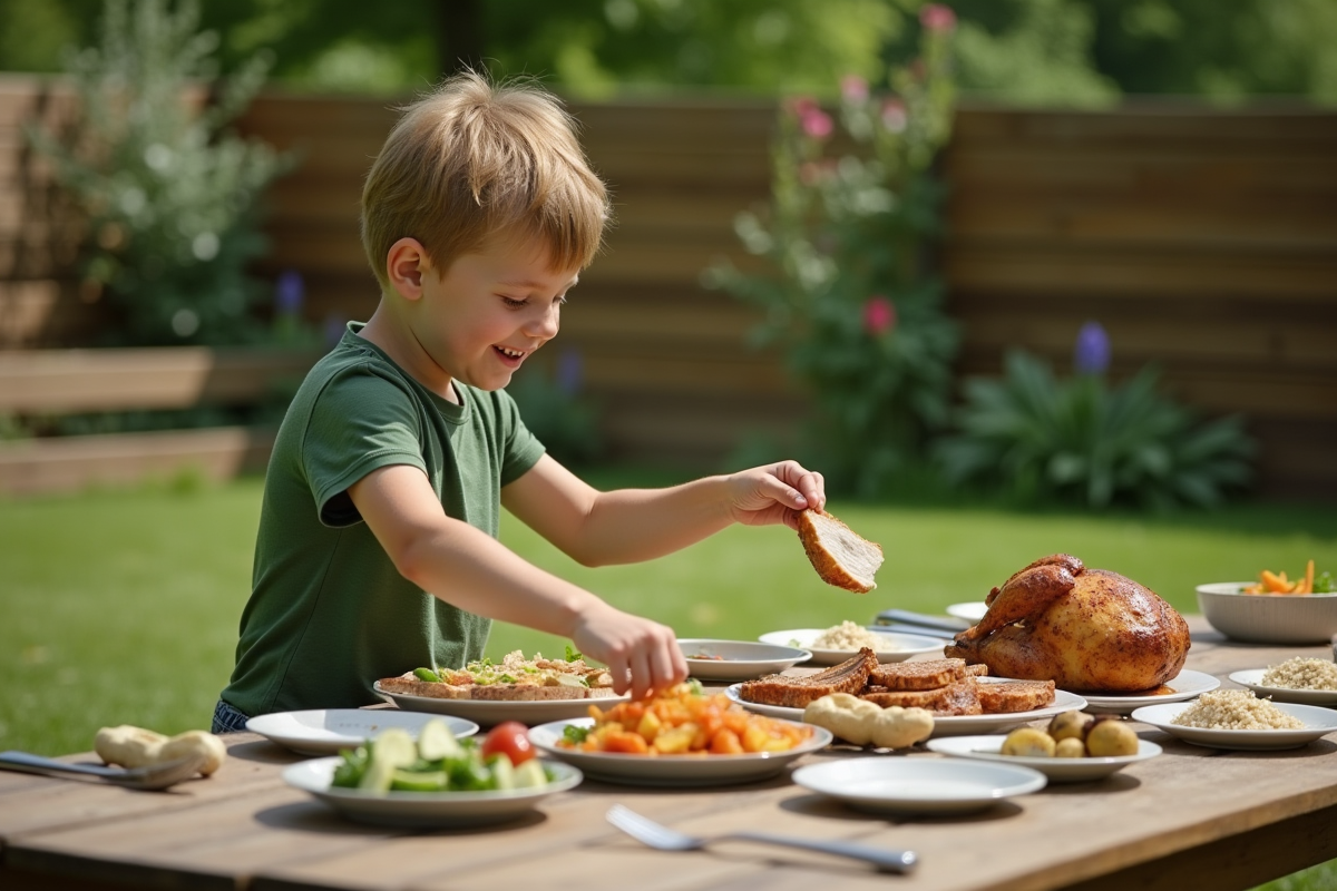 Garçon servant des tranches de volaille lors d