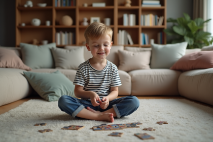 Jeune garçon de 8 ans construisant un puzzle dans un salon chaleureux