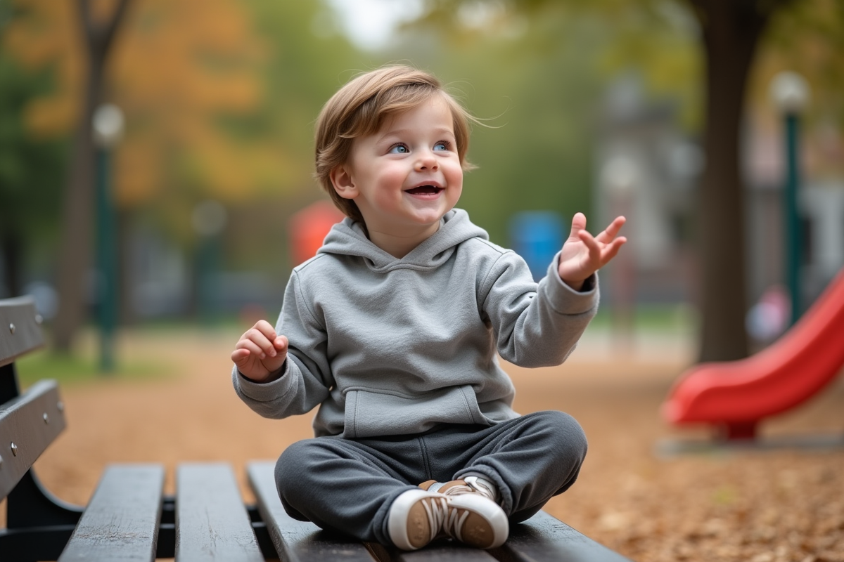 Jeune garçon de trois ans riant sur un banc de parc en plein air