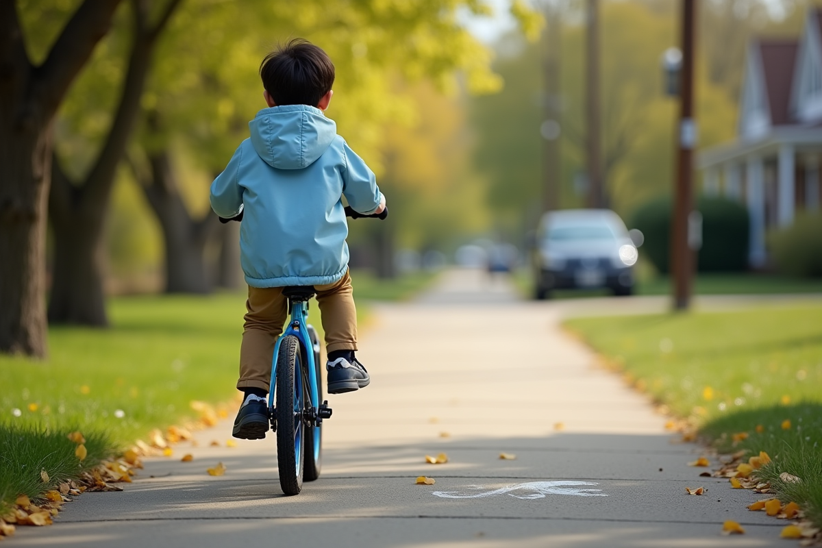 Garçon de 7 ans en vélo dans un quartier verdoyant