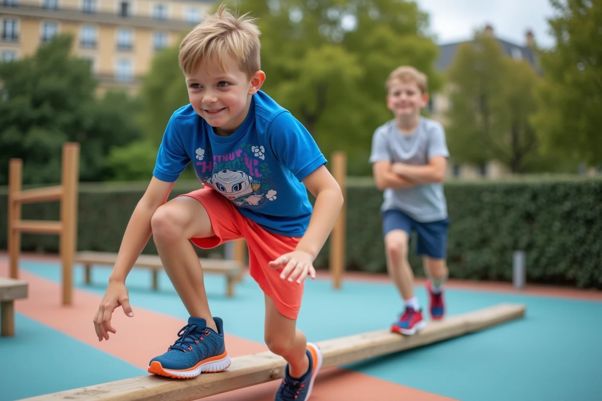 Deux garçons jouant sur un parcours sportif urbain gratuit à Paris, activité de plein air pour enfants de 6 à 12 ans