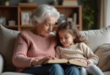 Citations émouvantes pour grands-parents : quel choix pour exprimer son amour ? Grand-mère et petite fille lisant ensemble dans le salon