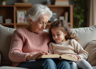 Citations émouvantes pour grands-parents : quel choix pour exprimer son amour ? Grand-mère et petite fille lisant ensemble dans le salon