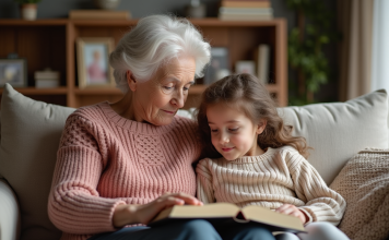 Grand-mère et petite fille lisant ensemble dans le salon