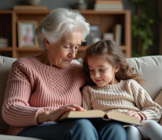 Citations émouvantes pour grands-parents : quel choix pour exprimer son amour ? Grand-mère et petite fille lisant ensemble dans le salon