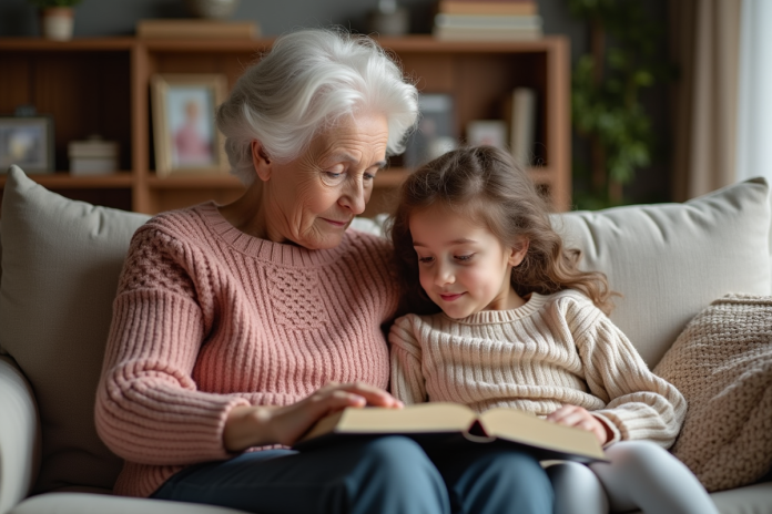 Grand-mère et petite fille lisant ensemble dans le salon