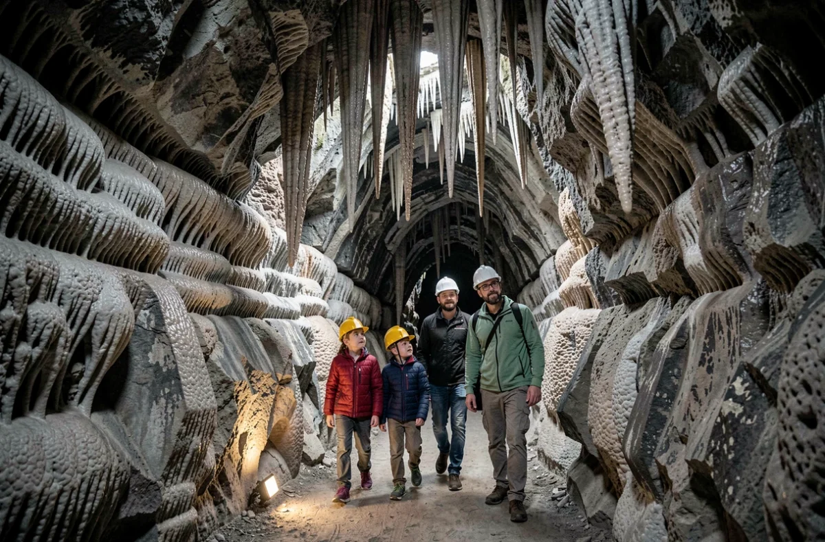 Famille explorant les stalactites de La Grotte de la Salamandre dans le Gard