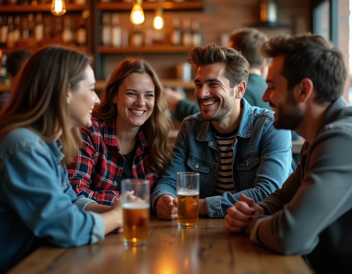 Groupe mixte d'amis réagissant à une blague autour d'une table dans un bar, entre rires et regards amusés