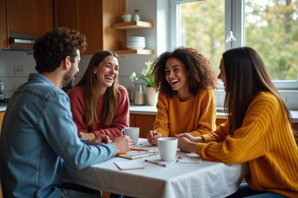 Groupe d'amis dans une cuisine chaleureuse et conviviale