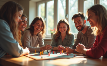Groupe d'amis jouant à un jeu de société lumineux