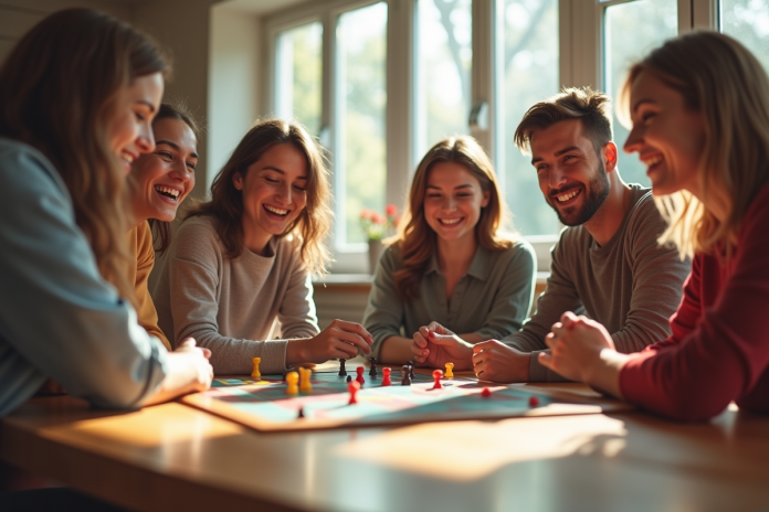 Groupe d'amis jouant à un jeu de société lumineux