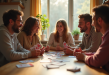 Groupe d'amis jouant à Skyjo dans un salon lumineux