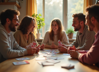 Groupe d'amis jouant à Skyjo dans un salon lumineux