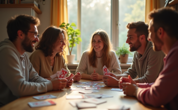 Groupe d'amis jouant à Skyjo dans un salon lumineux
