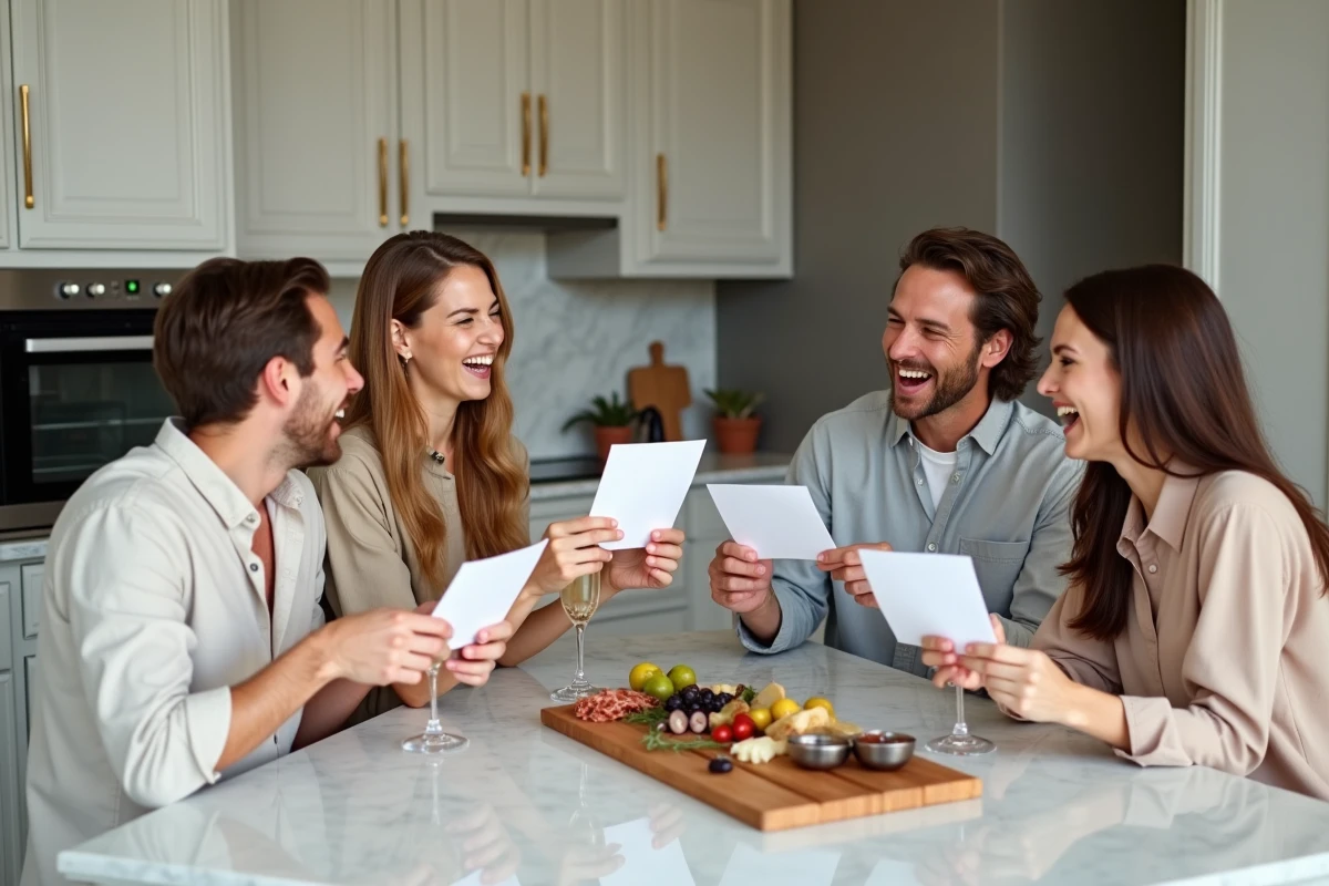 Groupe d'amis animant un apéro avec des questions Les Z'amours autour d'un comptoir en marbre