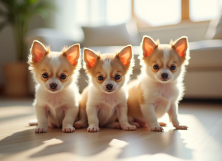 Petits chiots chihuahua assis ensemble dans un salon lumineux
