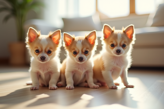 Petits chiots chihuahua assis ensemble dans un salon lumineux