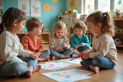 Groupe d'enfants en classe faisant une activité artistique