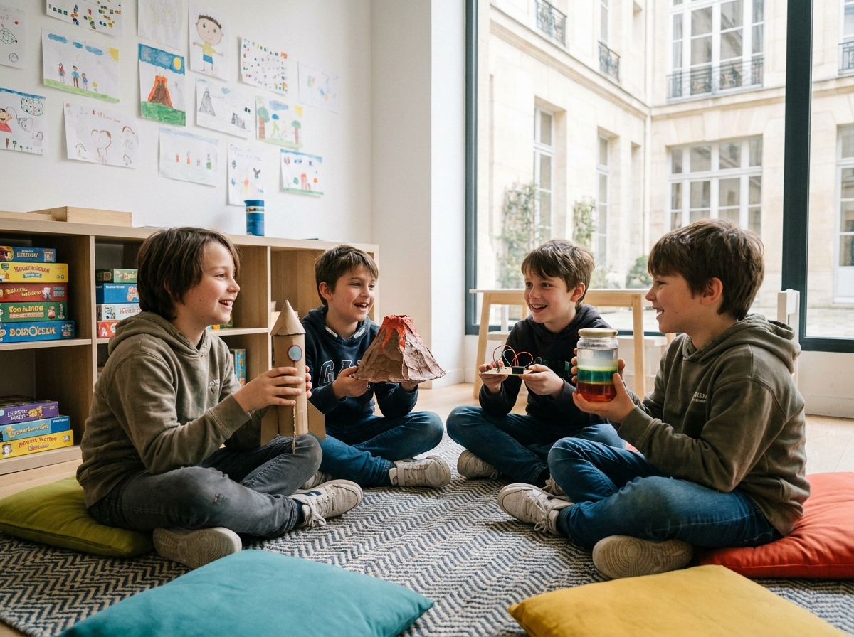 Groupe d'enfants participant à un atelier scientifique ludique dans un centre de loisirs parisien