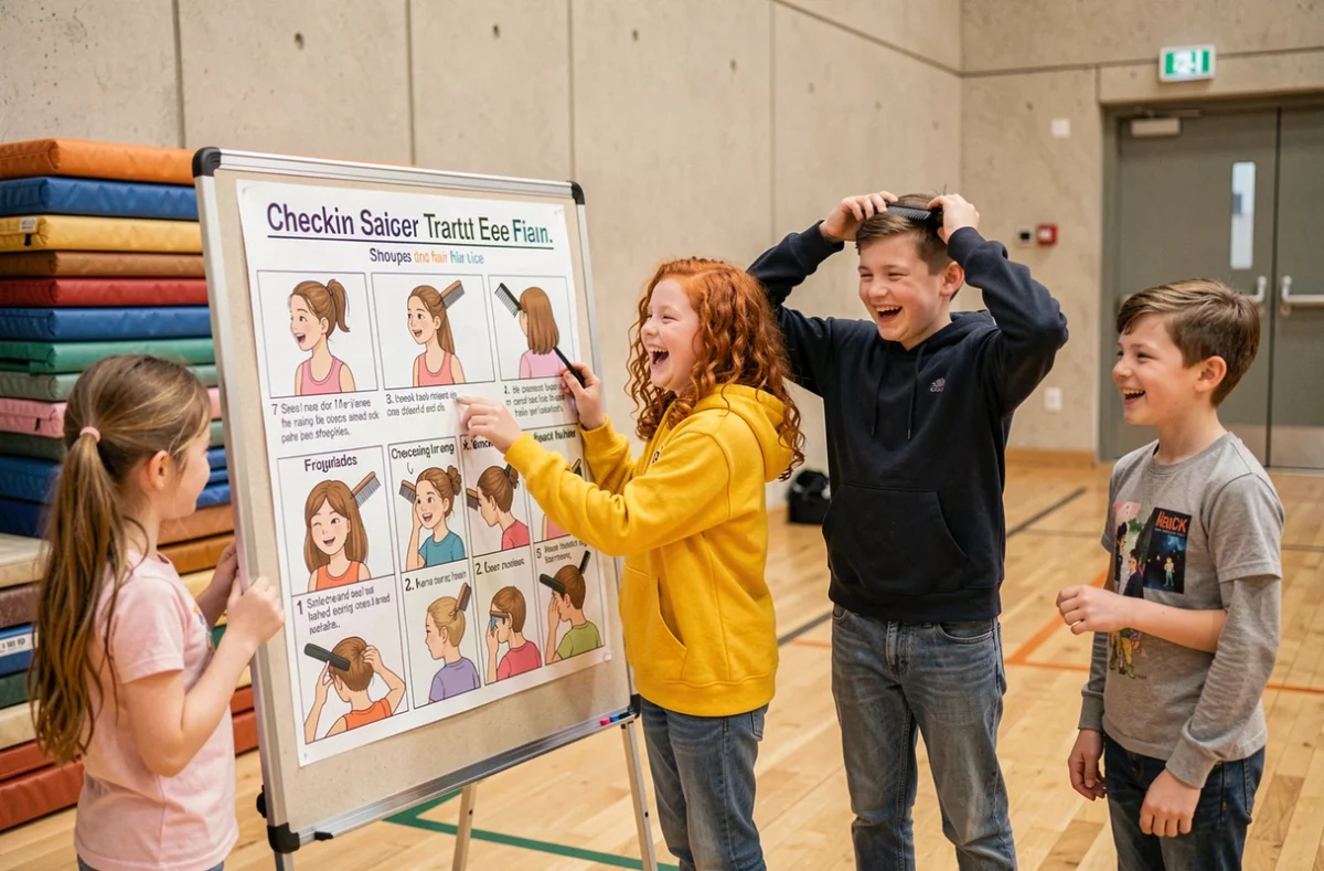 Groupe d'enfants interagissant avec un poster illustré sur les gestes anti-poux dans un centre de loisirs