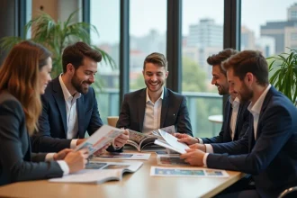 Groupe de professionnels discutant dans un bureau moderne