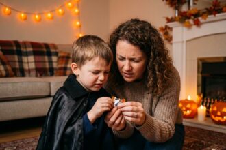 Mère et enfant déguisé en vampire lisant les étiquettes d'un bonbon Halloween pour vérifier les allergènes alimentaires