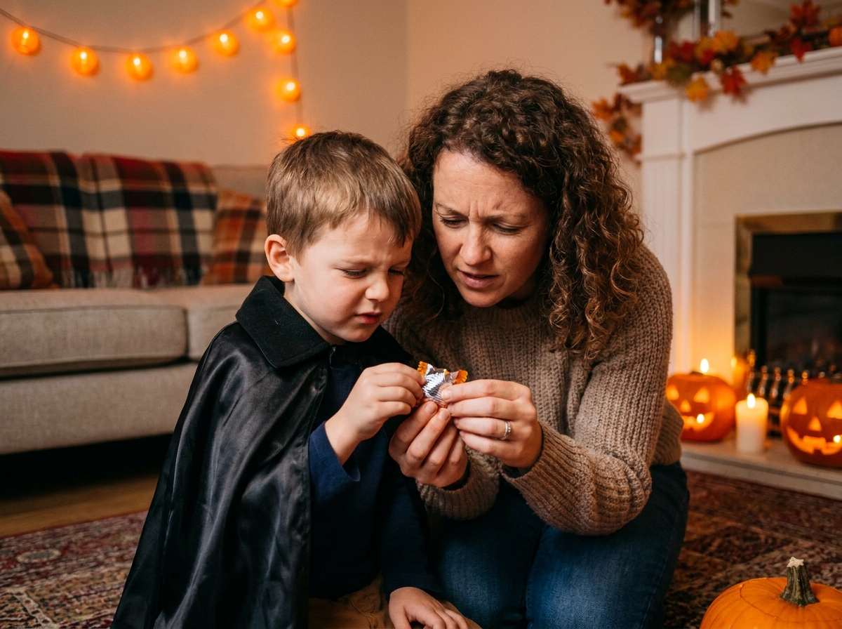 Mère et enfant déguisé en vampire lisant les étiquettes d'un bonbon Halloween pour vérifier les allergènes alimentaires