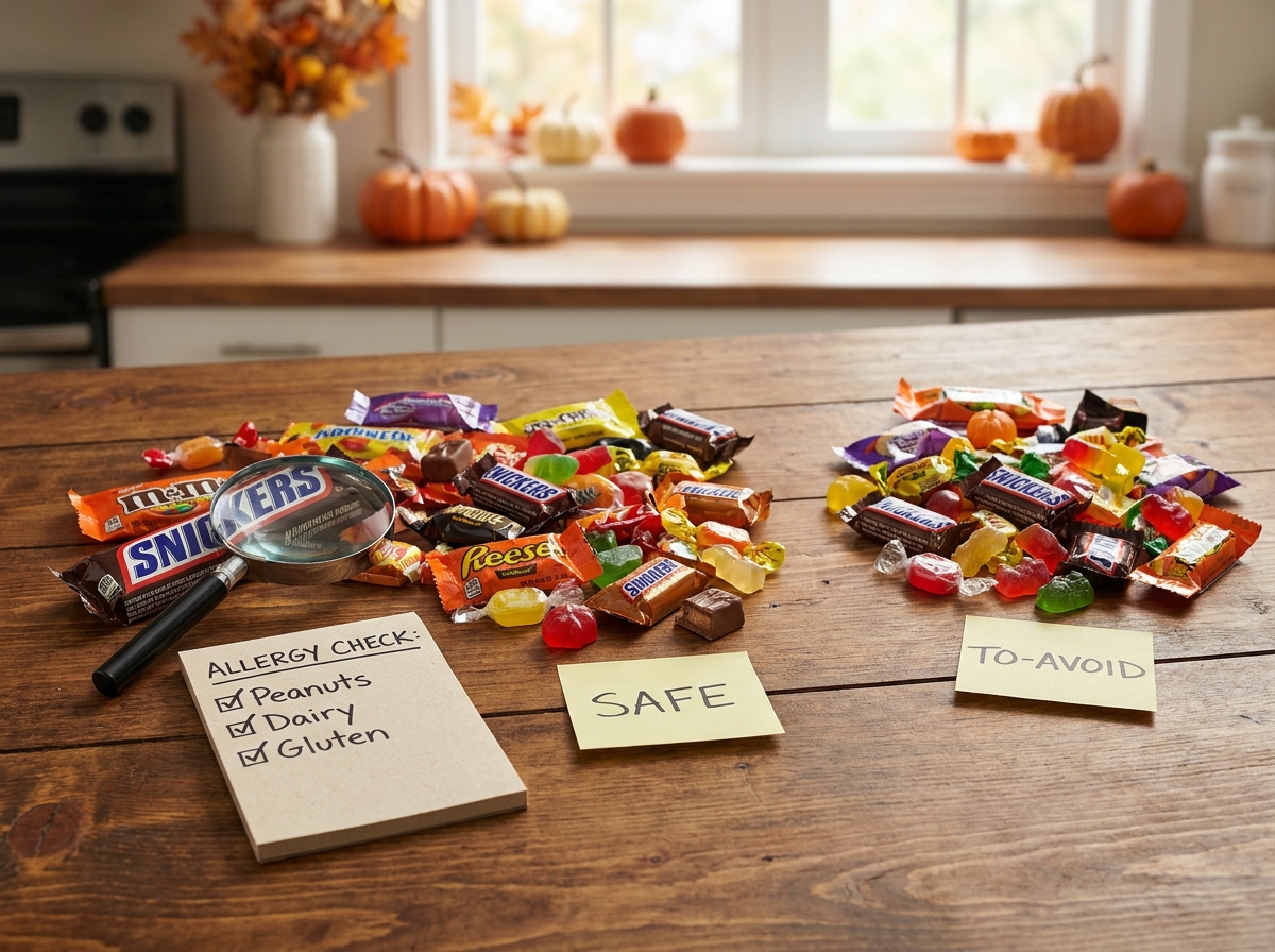 Assortiment de bonbons Halloween triés sur une table en bois avec une liste d'allergènes alimentaires et des notes autocollantes