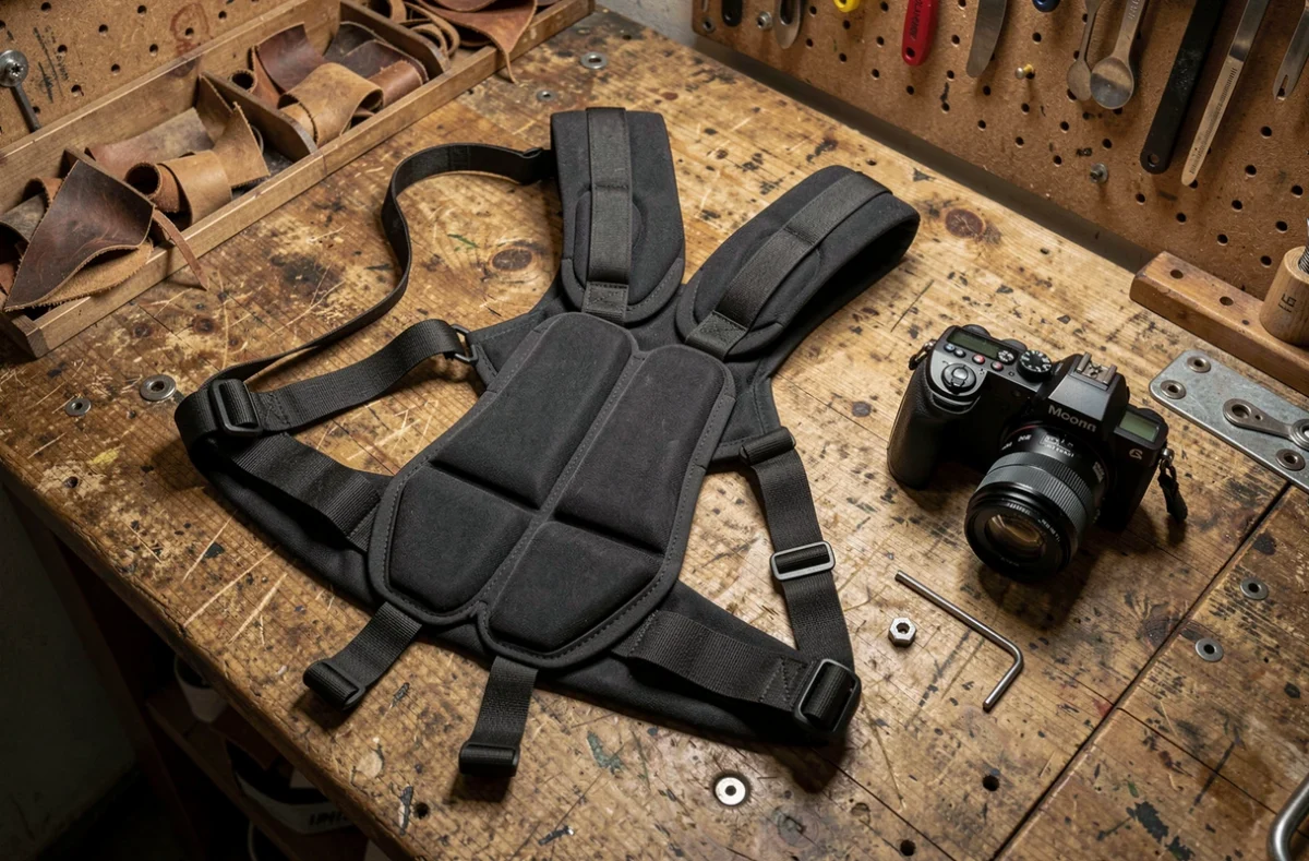 Harnais de photographe professionnel posé sur un établi en bois avec un boîtier d'appareil photo et des accessoires