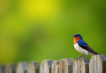 Hirondelle perchée sur une clôture en bois en plein jour