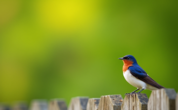 Hirondelle perchée sur une clôture en bois en plein jour