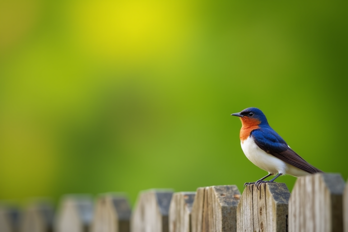 Hirondelle perchée sur une clôture en bois en plein jour