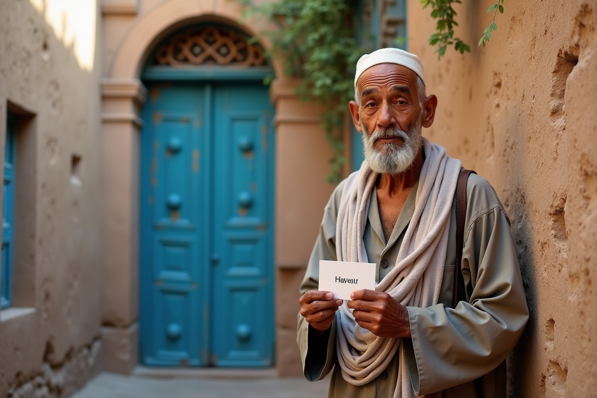Homme marocain âgé tenant une carte avec un nom dans une ruelle historique