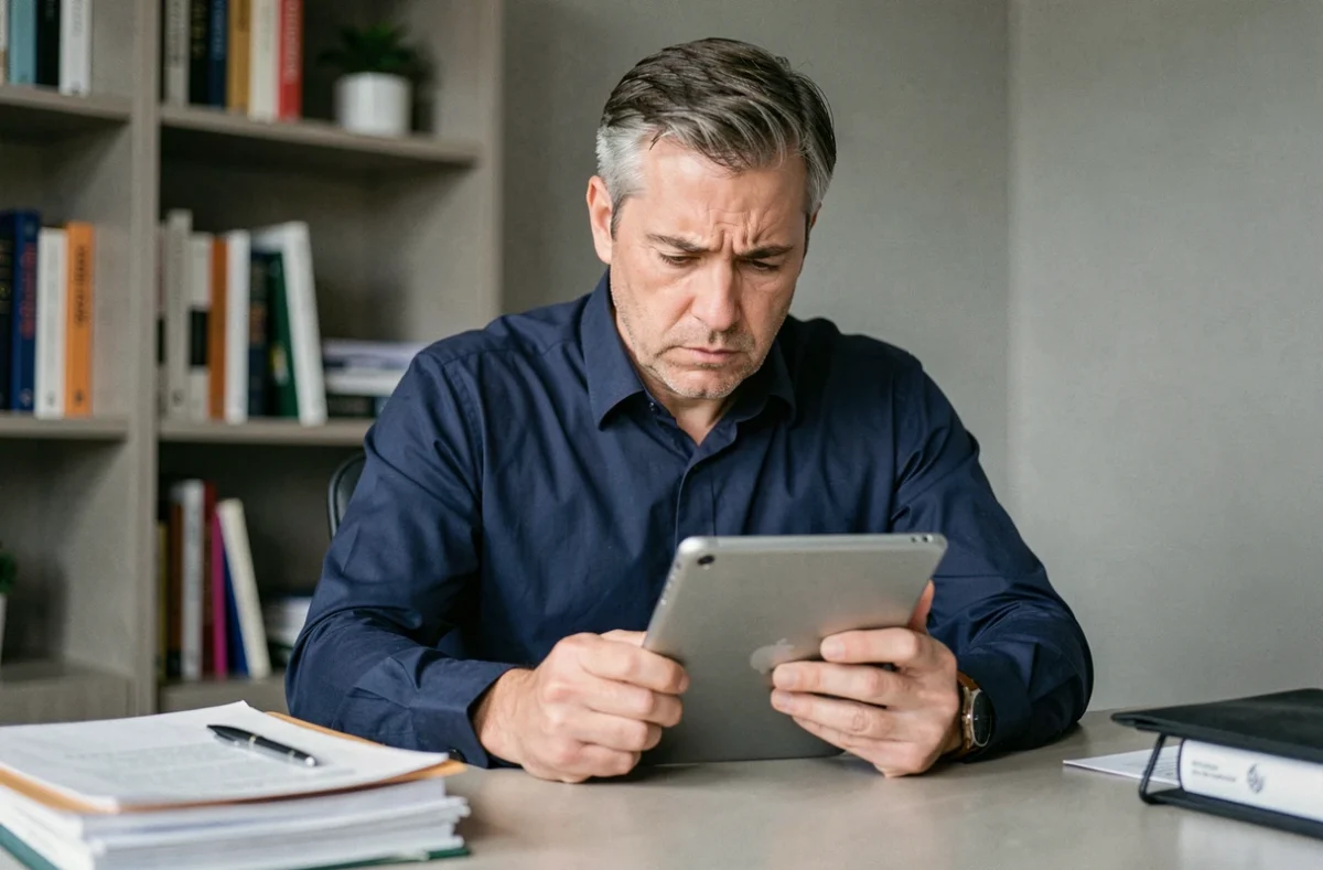Homme consultant des avis en ligne sur le divorce par internet dans un bureau professionnel