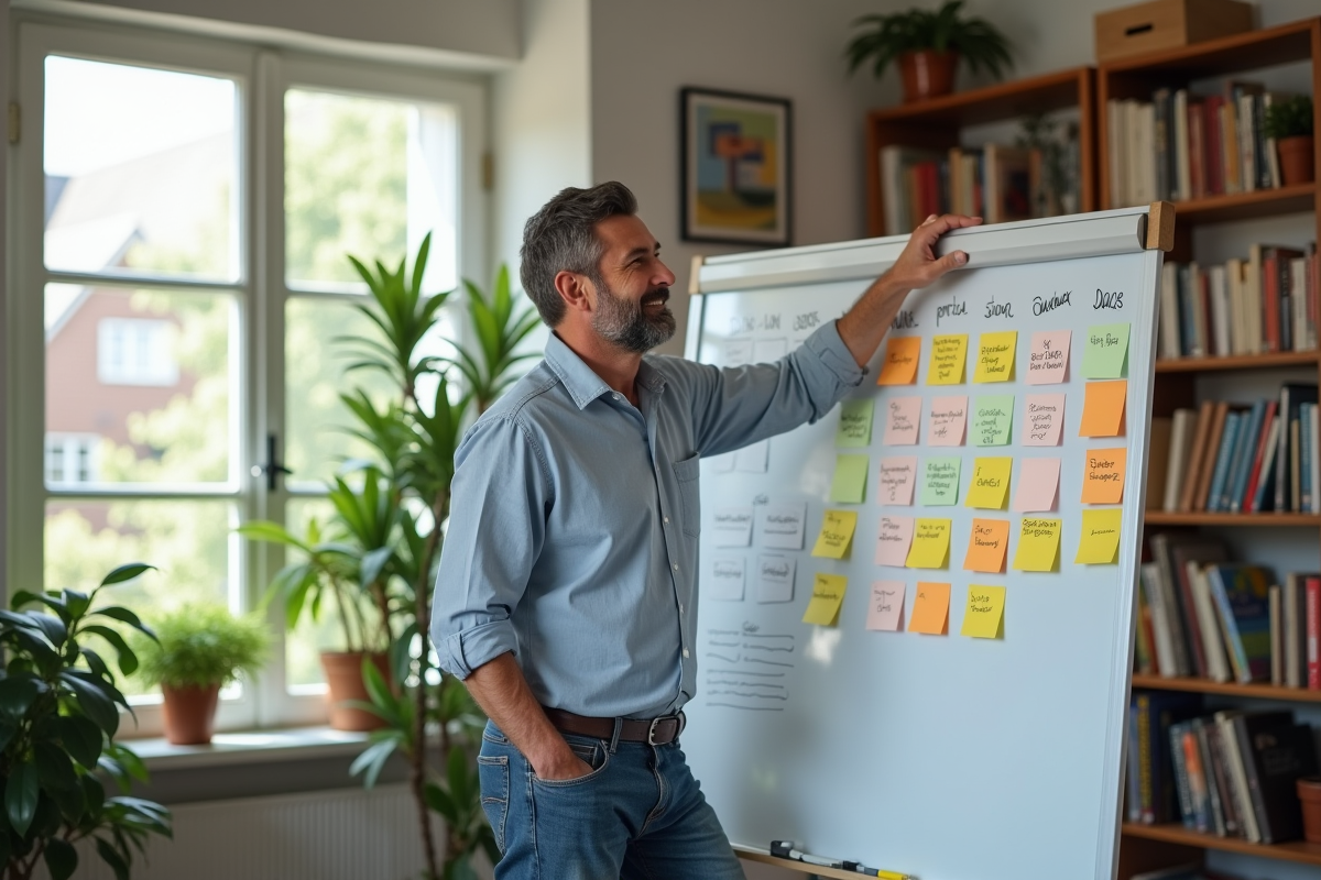 Homme vérifiant une liste sur un tableau blanc dans un bureau