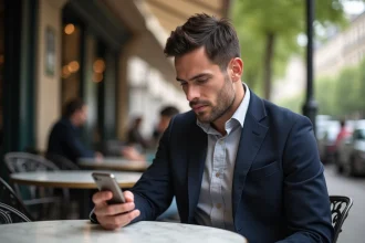 Homme en blazer dans un café parisien contemplant son téléphone