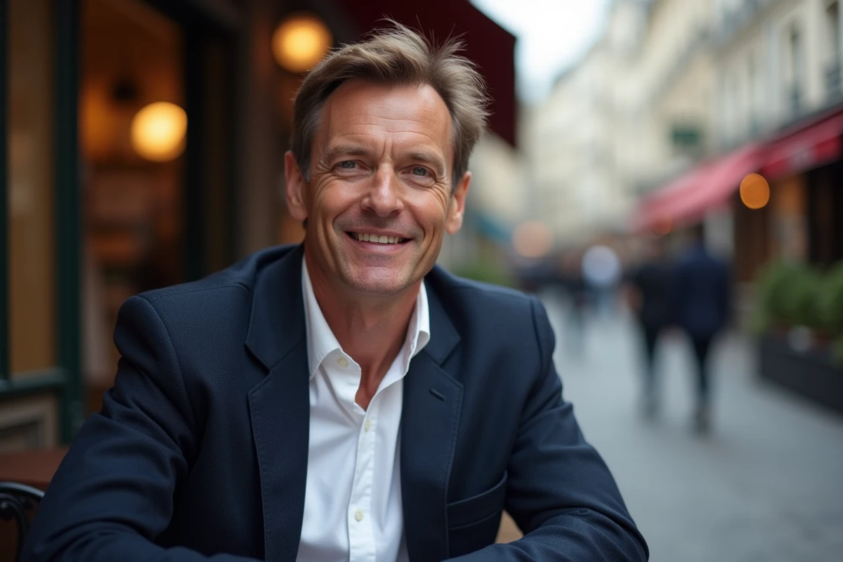 Homme d'âge moyen dans un café parisien authentique