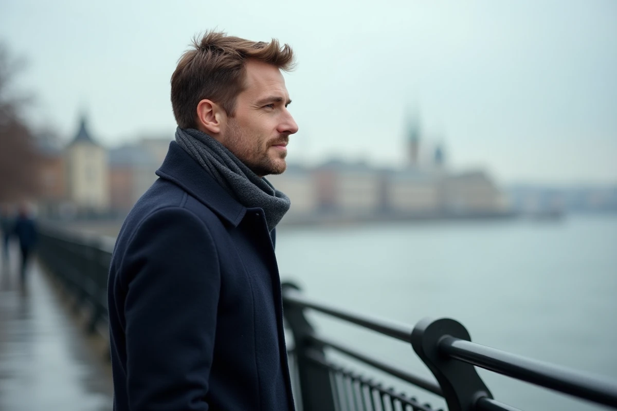 Homme pensif au bord de la rivière avec ville en arrière-plan