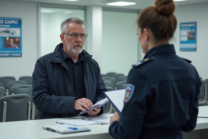 homme-inquiet-police-reception Homme inquiet parlant à une policière dans un commissariat