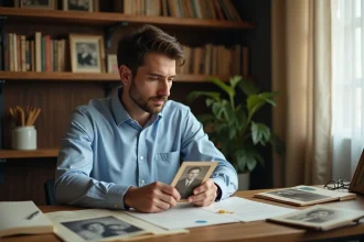 Homme contemplatif examinant des photographies de famille anciennes dans un bureau intime, évoquant la recherche de ses origines et de son histoire personnelle