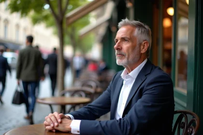 Homme français en costume dans un café parisien