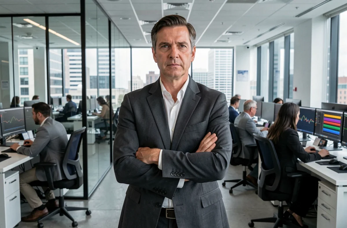 Homme en costume dans une salle de rédaction moderne, contexte journalistique de vérification des faits