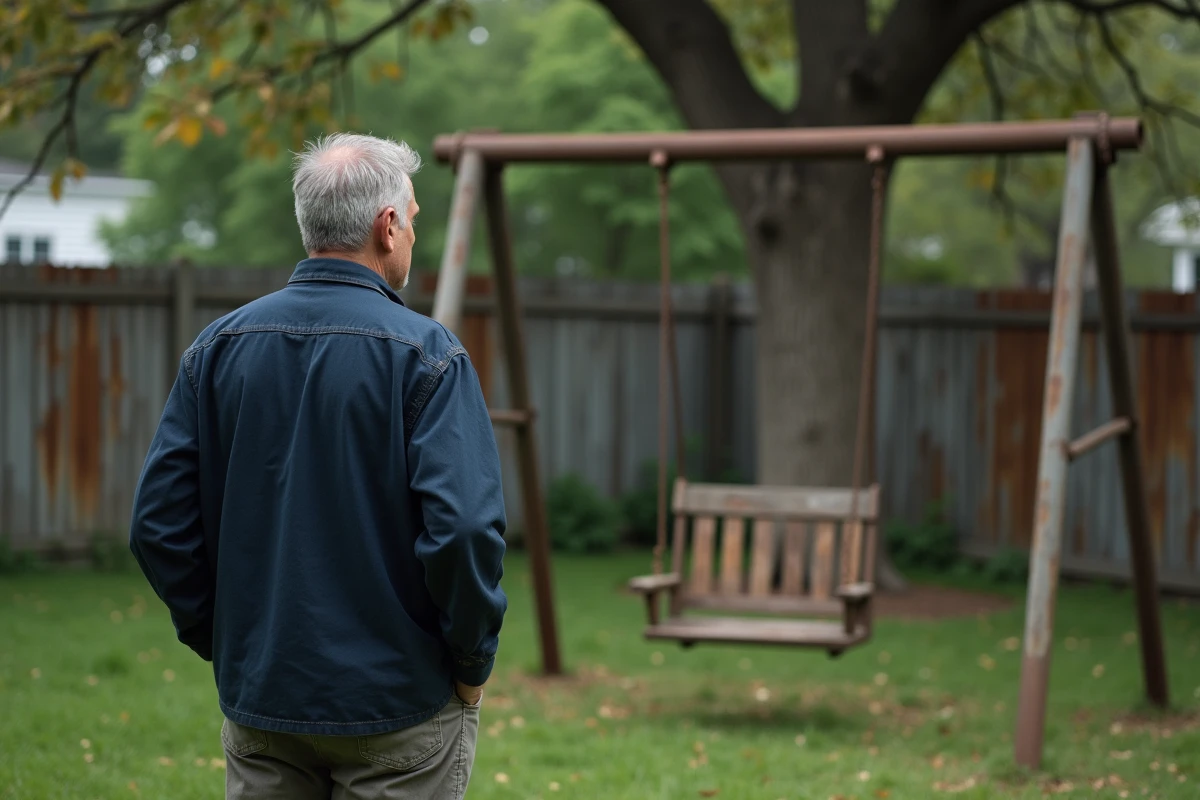 Homme adulte contemplatif devant une balançoire d'enfance dans un jardin