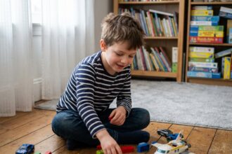 Garçon de 7 ans jouant avec des LEGO et des jouets colorés sur le sol d'un salon chaleureux
