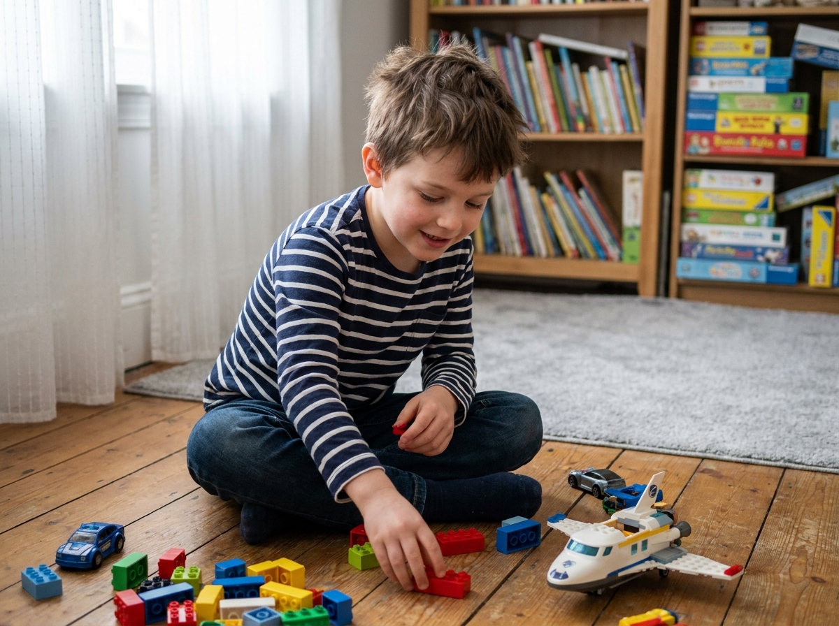 Garçon de 7 ans jouant avec des LEGO et des jouets colorés sur le sol d'un salon chaleureux