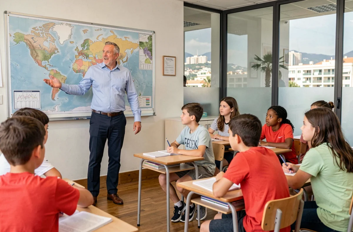 Professeur donnant un cours de géographie devant ses élèves à l'International School of Nice