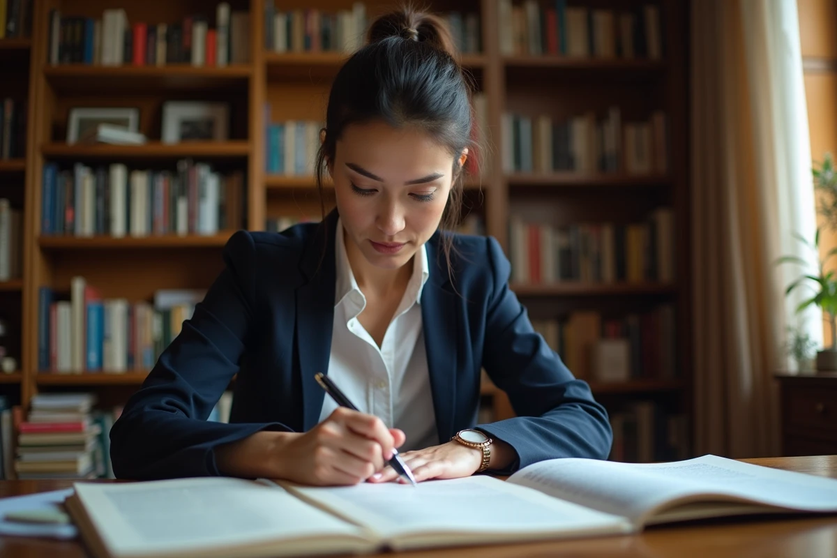 Femme journaliste et auteure assise à son bureau, consultant un manuscrit dans une bibliothèque personnelle chargée de livres